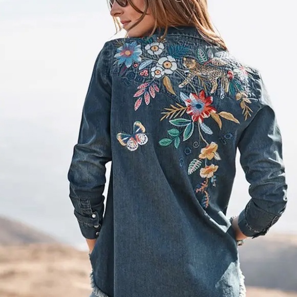 Johnny Was Tops - Johnny Was Indraa Westward Frayed Shirt Denim Snap Front Floral Tiger Embroidery